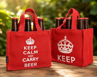 Keep Calm Carry Beer 6-Pack Jute Bottle Carrier, Reusable Drink Caddy