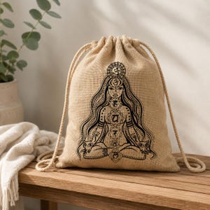 May include: A beige drawstring bag with a black illustration of a meditating figure with chakra symbols. The bag is made of a textured, natural-looking fabric and has a drawstring closure with beige rope.