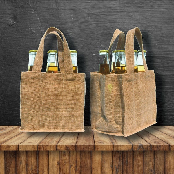 Pair of Two 6-Pack Beer Bottle Bag hand-made out of Jute and Burlap