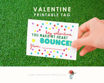 Printable Valentine Treat Bag Topper, Fold over Label, Bouncy Ball, you make make my heart bounce, class, school, daycare, Valentine