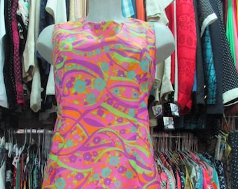 60s vintage polyester dress/A-line dress/Mod dress/Multicoloured/Fully lined/Size 10-12 US/Vestito fantasia anni 60. Poliestere. Tg.46 ITAA