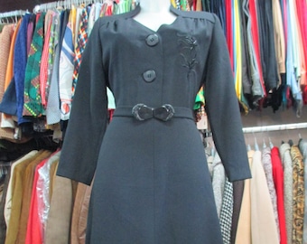 Vtg 70s black dress/By "Betty Barkley"/Sweetheart neckline/Belt/Plastic buckle/Lined/Size M-8US/Vestito nero anni 70/Cintura/Foderato/Tg.44