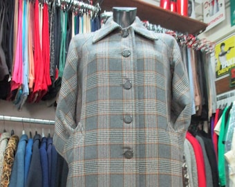 70s flared plaid coat/Vtg Mods coat/Dagger collar/Wool/Pockets/Lined/Size S-M/Cappotto quadri anni 70/Panno/Colletto a punta/Foderato/Tg.S-M
