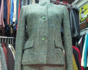 80s green tweed skirt suit/Outfit/Three button jacket/Flared skirt/Made in Italy/Sz.8US/Tailleur anni 80 sale&pepe verde.Giacca e gonna.Tg S