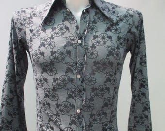 Vtg 70s flowered grey shirt/Made in Italy/Light flanel/Dagger collar/Close-fitting/Size S/Camicia grigia fiori anni 70/Collo appuntito/Tg.S