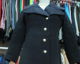 70s tailored blu coat/Thick wool fabric/Navy style/Wide lapels/Fit and flared/Sz. 6 US/Cappotto blu 70s stile marina/Panno di lana/Tg.42 IT