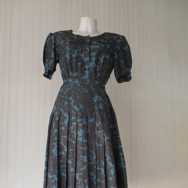 40s tailored black and teal silk dress/Belt/Puffed sleeves/Size 8-10 US/Abito seta sartoriale anni 40/Manica sbuffo/Cintura/Tg. 44-46 IT