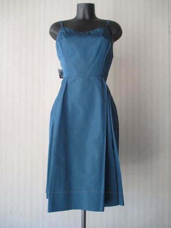 50s satin teal colored dress with back tail/Taylo… - image 1