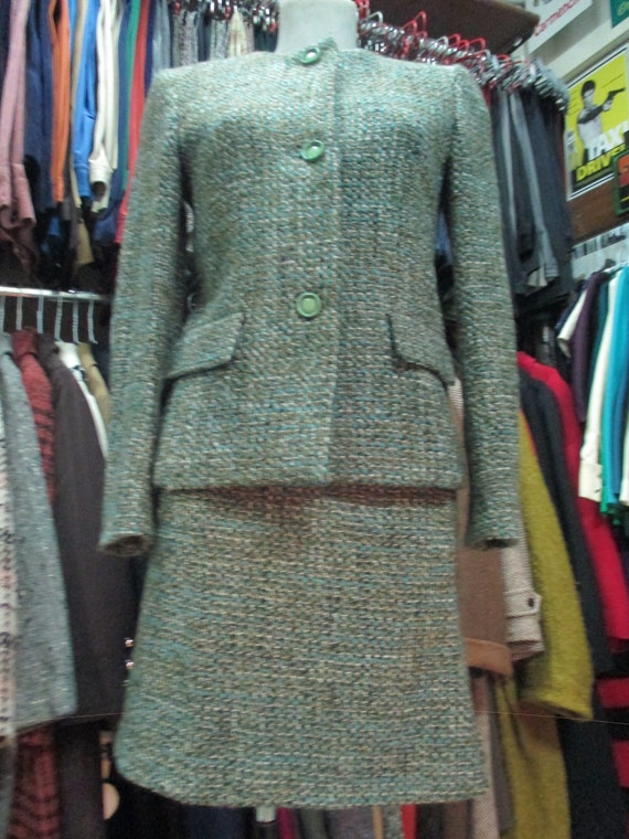 80s Green Tweed Skirt Suit/outfit/three Button Jacket/flared 