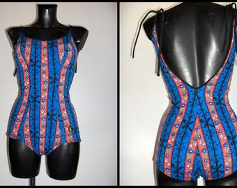 60s blue and red swimsuit/Stretching fabric/Bra cups/Triumph brand/Size S/Costume anni 60 con coppette/Filanca/Tg.S