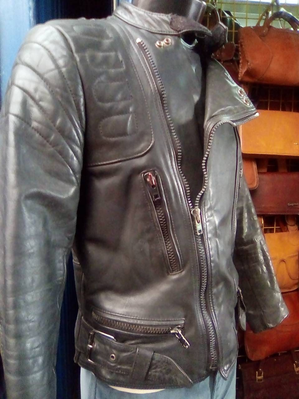 70s Mens Leather Biker Jacket/mandarin Collar/reinforced