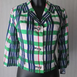80s silk blazer/Green and blue plaid/Flowery buttons/Three quarters sleeves/Lined/Size S/Giacchino in seta anni 80/Quadri verdi e blu/Tg S