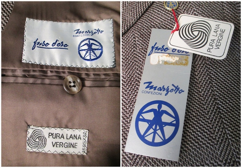 May include: Two brown and white fabric labels with the text "Marzotto Confezioni" and "Fuso d'Oro" in blue. The labels also feature a blue circular logo with a stylized figure and a compass rose. A third label reads "Pura Lana Vergine" in black text with a black and white yarn graphic.
