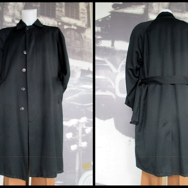 Vtg 80s black oversize raincoat/Made in italy by "WAMPUM"/Raglan sleeves/Pockets/Belt/Lined/Size M-L/Spolverino nero anni 80/Oversize/Tg.M-L