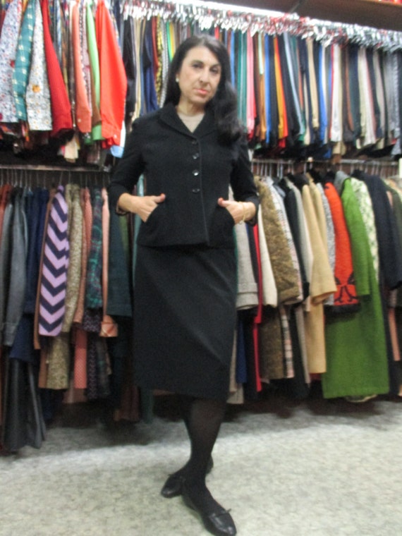 Vtg 50s black wool skirt suit/Made in Italy/Heute