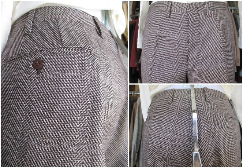 May include: Brown herringbone patterned pants with a button on the back pocket.