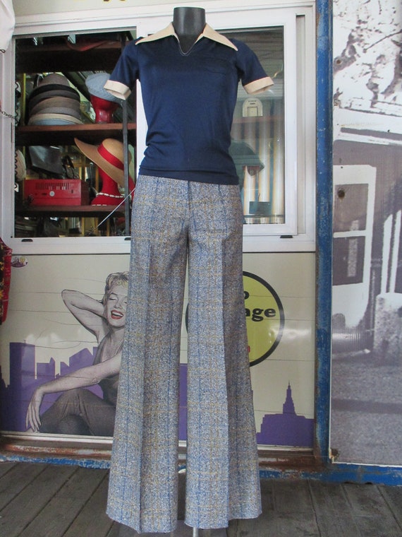 70s deadstock flared tweed pants/Vtg trousers/Blu