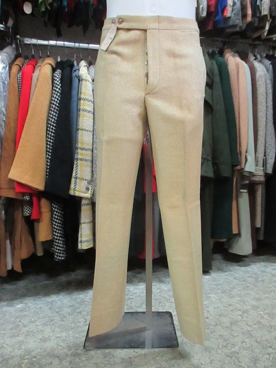 1970s Mens Deadstock Wool Pants in Brown and Black Herringbone