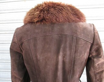 Brown Suede Belted Coat/fur Collar 