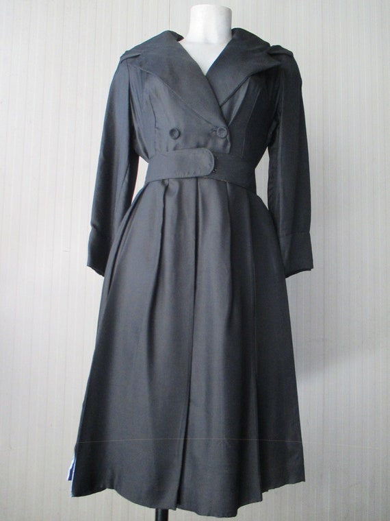 50s luxury black silk dress/Shawl collar/Wide ski… - image 1