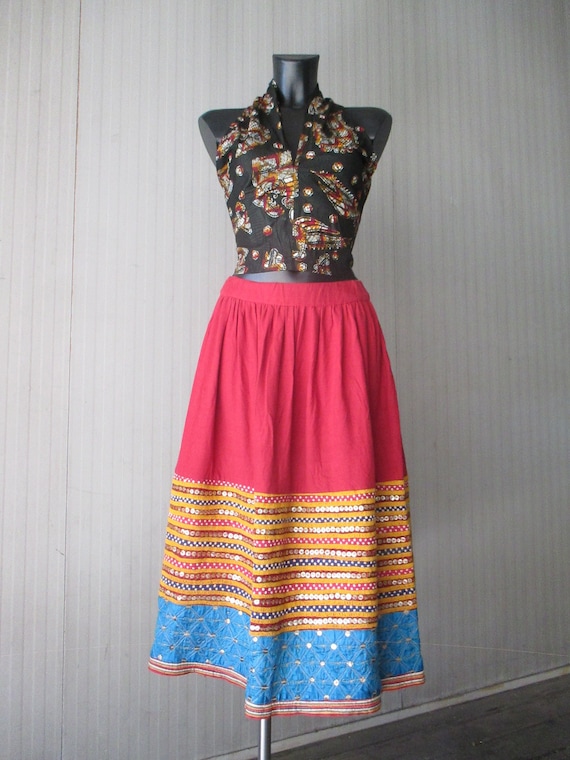 Vtg 70s Rajasthan red cotton skirt/Hand embroider… - image 1