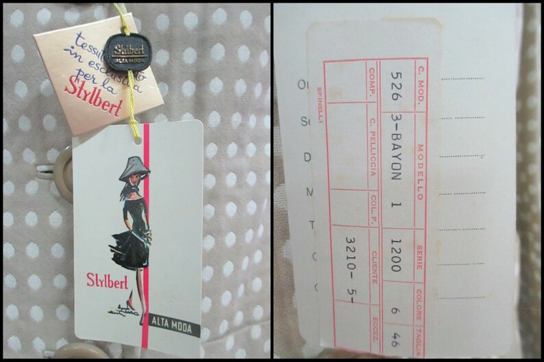 May include: A beige and white polka dot fabric with a white tag attached. The tag features a black and white illustration of a woman wearing a black dress and a hat. The tag also has the text "Stylbert Alta Moda".