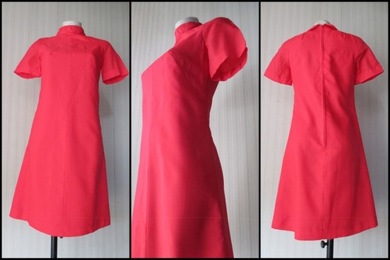 1960s red flared dress/Mandarin collar//A-Line st… - image 1