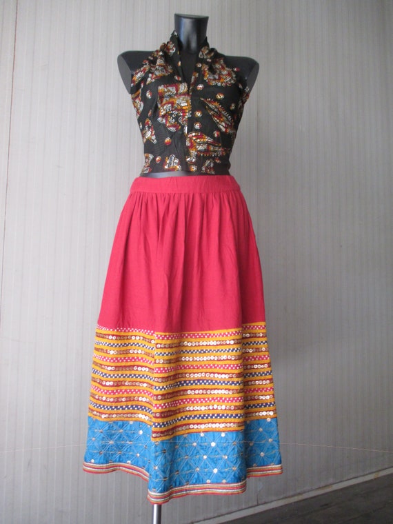 Vtg 70s Rajasthan red cotton skirt/Hand embroider… - image 6