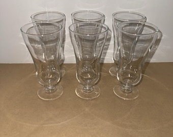 6 Vintage 6" Drinking Glasses Clear Footed Parfait Shaped Mid Century
