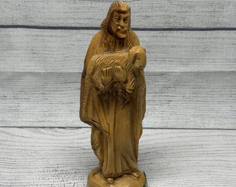 Vintage Hand Carved Bethlehem Olive Wood Shepherd Lamb Statue 7"