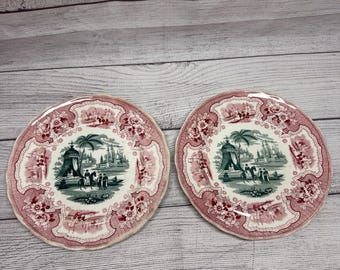 2 Adams Palestine Two-Color 8.25" Plates Pink/Green Romantic Staffordshire 1835