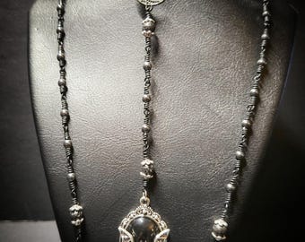 Bat Crescent Moon Gothic Rosary Necklace | Black Bead Rosary | Wearable Goth Jewelry