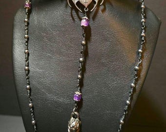Raven Skull Gothic Rosary Necklace | Black Bead Rosary | Wearable Goth Jewelry