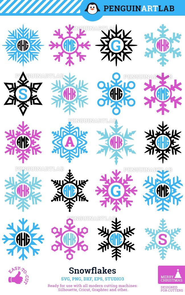 Winter Snowflakes Monogram Frames Christmas Cut Files for Etsy
