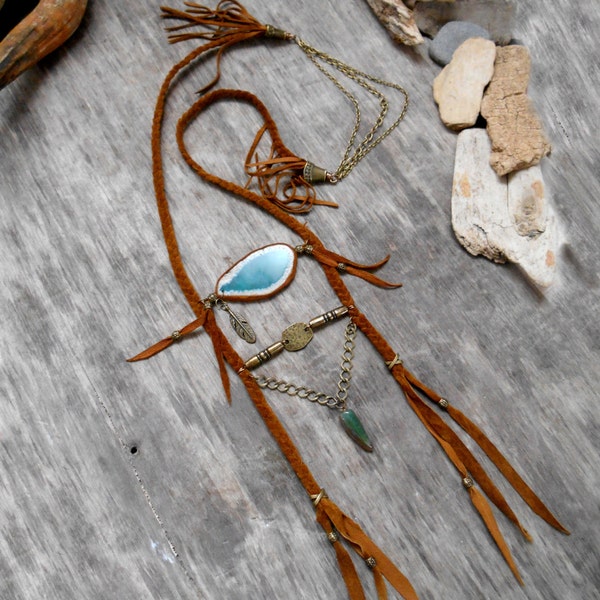 Necklace "NATIVE AMERICAN Breastplate Inspired" Leather, Agate Slice, Agate Spice, Bronze apprets, Bronze Hairpipe beads, Bronze chain
