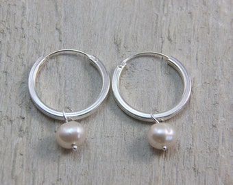 Silver and pearl hoop earrings, contemporary genuine freshwater pearl earring , June birthstone jewellery