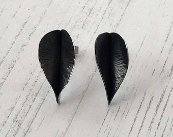 Black and silver earrings, Contemporary black silver studs, Bold silver leaf earrings, Dramatic, organic, handmade botanical jewellery