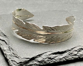 Solid silver feather cuff bracelet, unique adjustable angel feather bangle, Unique gift