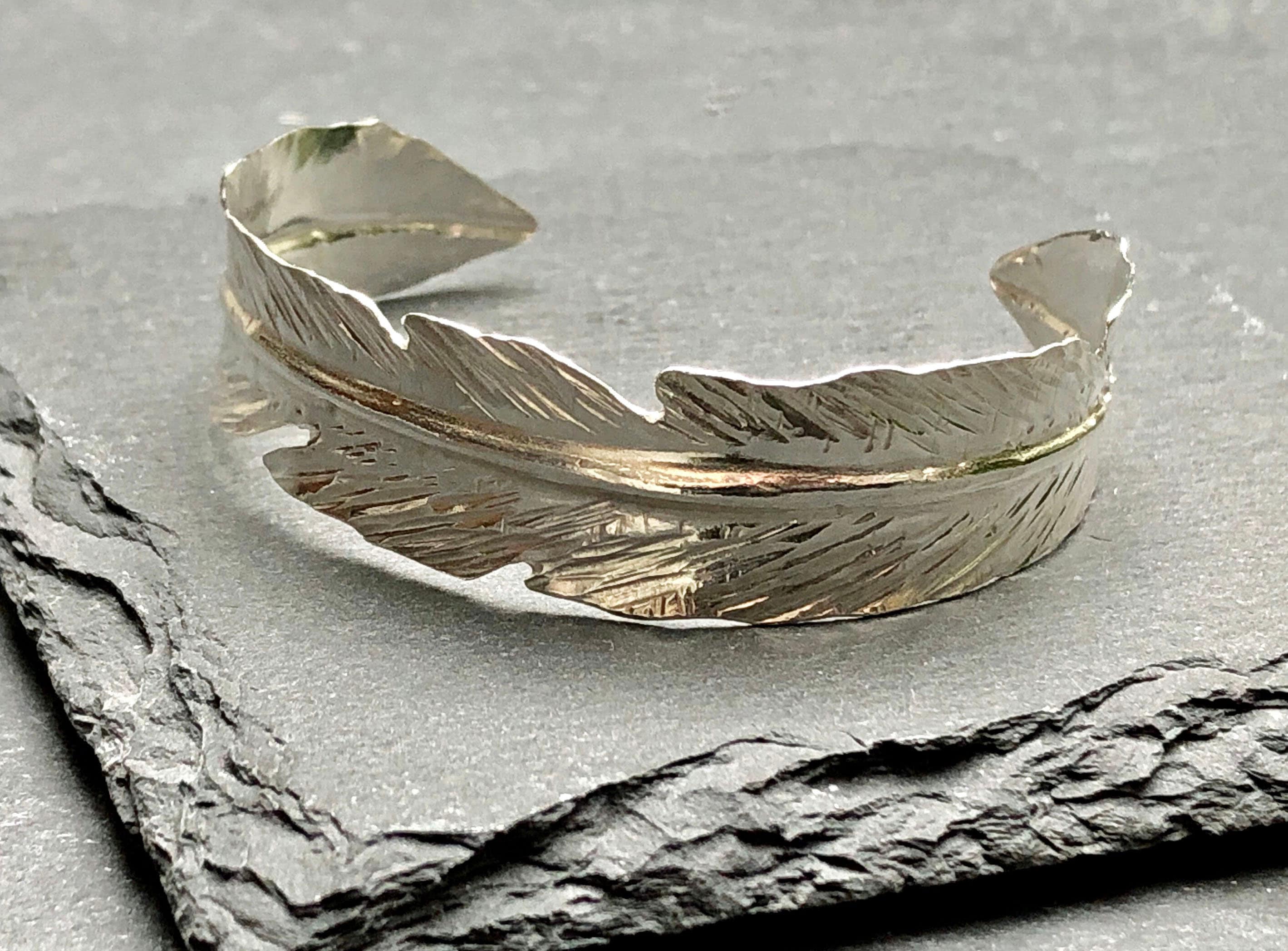 Solid Silver Feather Cuff Bracelet Unique Adjustable Angel