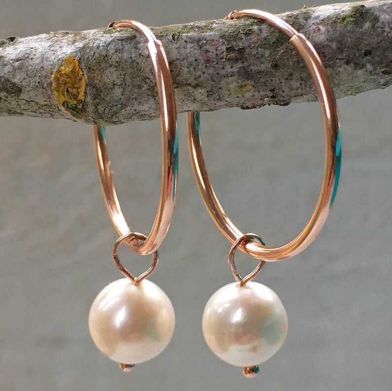 Freshwater pearl hoop earring Rose Gold Pearl Hoop Earring Rose gold filled hoop Pearl dangle Rose gold earring,Pretty wedding earrings
