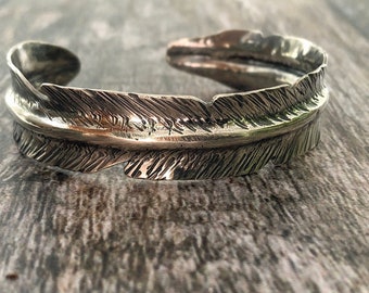 Men's silver feather cuff bangle bracelet, solid silver adjustable unique feather jewellery