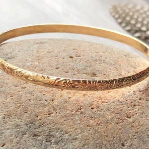 Gold Flower Bangle, 14K Gold Filled Floral Design Bracelet