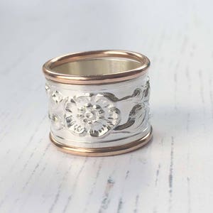 Flower ring, botanical patterned wide statement band, unique wedding band, floral nature jewellery, gift for her image 4