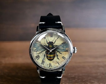 Vintage Retro Honey Bee Art mechanische Lederarmbanduhr