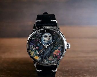Floral Flower Owl Art Mechanical Leather Wrist Watch