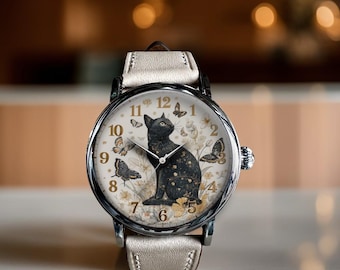 Reloj de pulsera mecánico de cuero con diseño de gato negro y mariposa