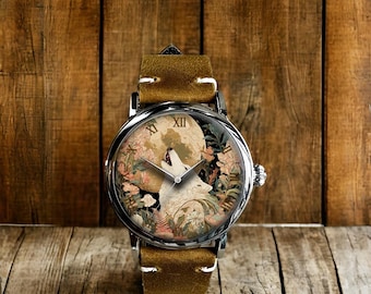 Floral Flower Wolf Moon Art Mechanical Leather Wrist Watch