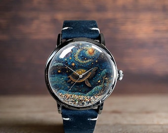 Sea Turtle Art Mechanical Leather Wrist Watch