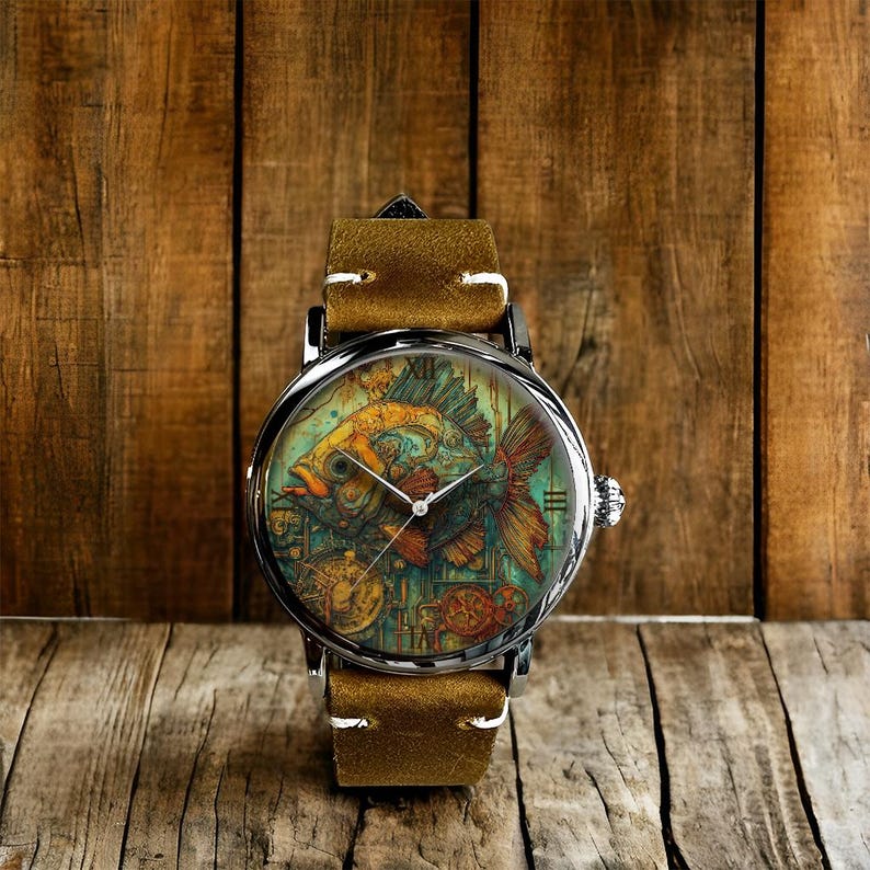 May include: A wristwatch with a detailed, colorful fish design on the face. The watch has a silver-colored case and a brown leather band. The fish is depicted in shades of yellow, orange, and blue, with intricate mechanical details. The watch is set against a wooden background.