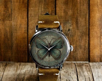 Reloj de pulsera mecánico de cuero con diseño de mariposa retro vintage
